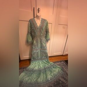 Green And Gold Custom Traditional African Long Dress Gown V Neck Embroidered M/L